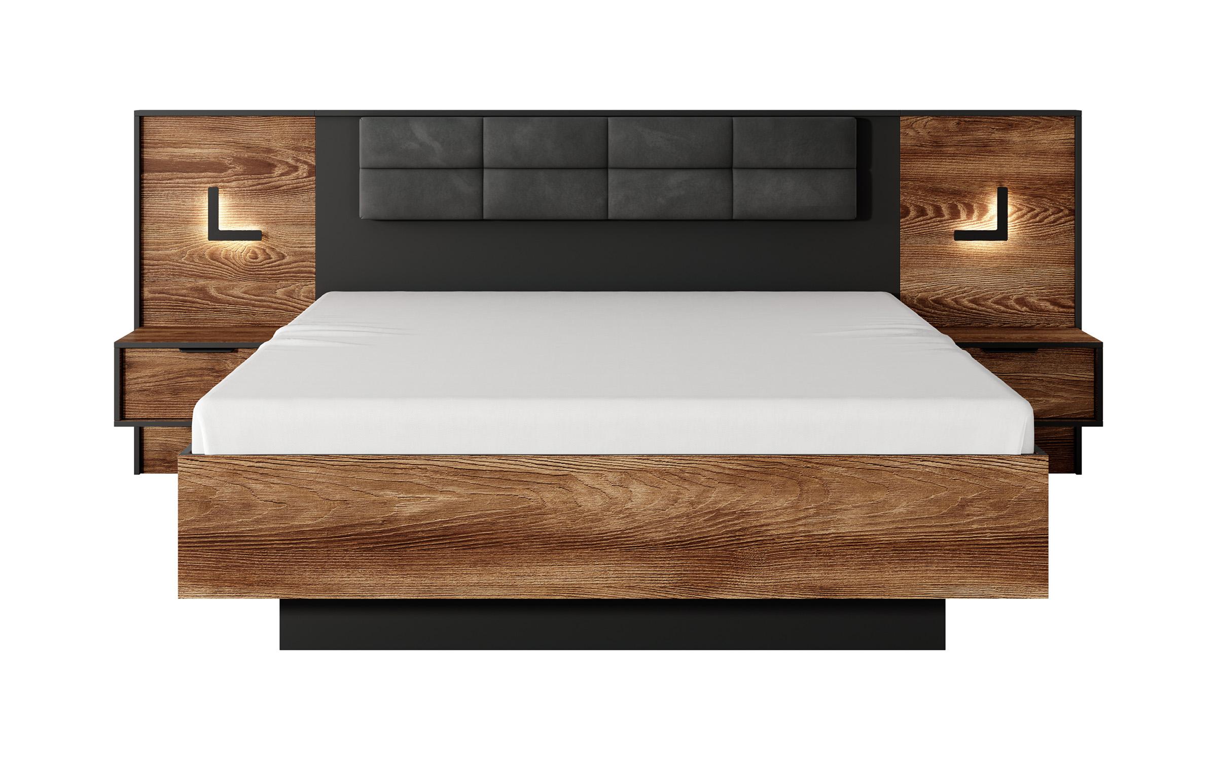 Double bed Samira for mattress 160/200 + LED lights + 2 nightstands, chestnut + anthracite  2